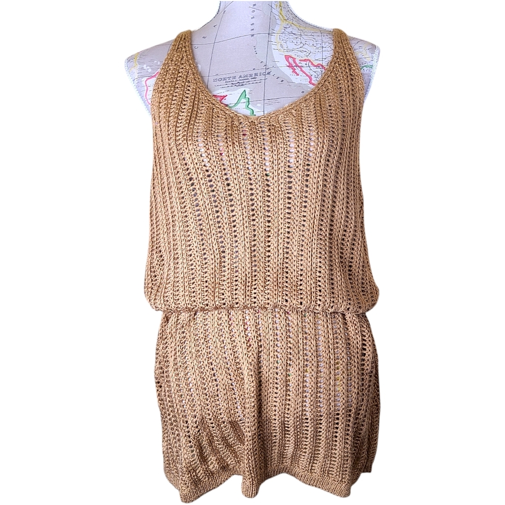 CUPSHE Size X-Large Tan Open Weave Crochet Swim Coverup Sleeveless Mini Dress - Picture 3 of 7